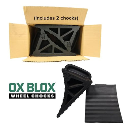 EKON OX BLOX Heavy Duty Wheel Chocks with Handle 2-Pack - Wide 6" Footprint | With Grooves to Prevent Tires from Slipping; Campers, Trailers & RV Wheel Chocks; 100% Recycled Rubber Wheel Chocks