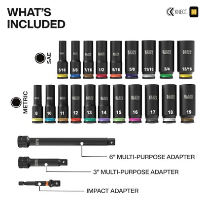 Klein Tools 65121IMPCT KNECT Deep-Well 3/8-Inch Drive Impact Socket Set, SAE and Metric, 23-Piece Tool Set, Impact Driver Adapter, Multi-Purpose Wrench Adapter, Color-Coded, MODbox Socket Organizer - style: 23-Piece Metric & SAE Set