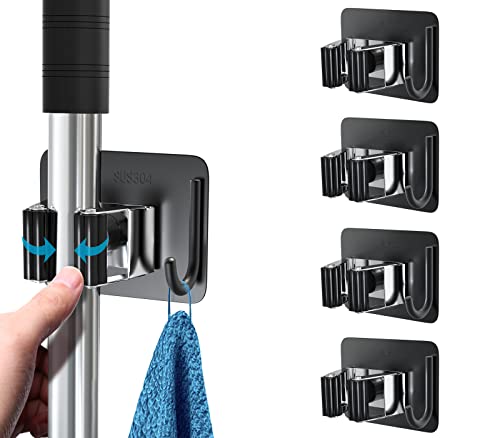 homeasy Mop Broom Holder No Drill, Mop Broom Organizer Wall Mounted Heavy Duty with Hooks Hanger, Self Adhesive Stainless Steel 4Pcs for Bathroom, Kitchen, Office (Multicolor) - color: Black Mix
