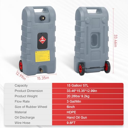 15 Gallon Gas Can, Fuel Tank Container with LE Fluid Transfer Manual Siphon Pump & 10FT Hose, Portable Diesel Gas Storage Caddy with Wheels for Car, ATV, Weeder, Boat, etc., Grey - color: Grey
