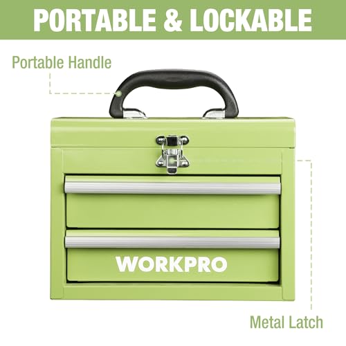 WORKPRO Portable Mini Tool Box, 2 Drawers Metal Tool Chest with Ball Bearing Slides, Top Storagewith Latch, Ergonomic Carrying Handle, Mechanic Toolbox with PVC Liners and PP Feet Pads - color: Macaron Green