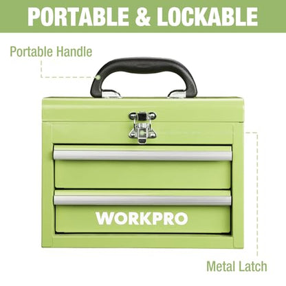 WORKPRO Portable Mini Tool Box, 2 Drawers Metal Tool Chest with Ball Bearing Slides, Top Storagewith Latch, Ergonomic Carrying Handle, Mechanic Toolbox with PVC Liners and PP Feet Pads - color: Macaron Green