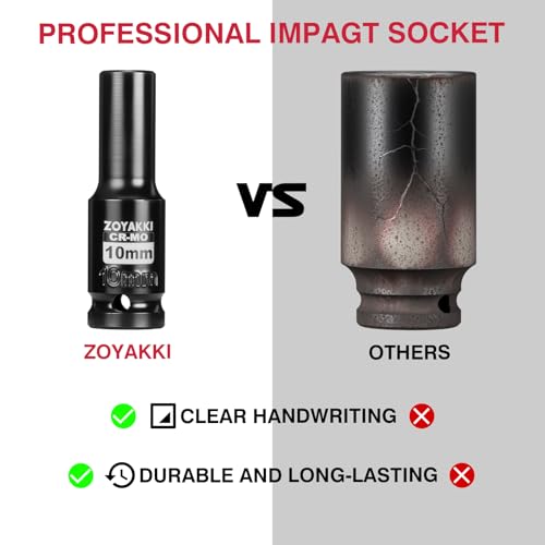10mm Socket 1/2" Drive Deep 6 Pt CR-MO Metric Impact Socket for Axle Shaft Nut Removal - size: 10mm, style: 1/2" Drive Deep