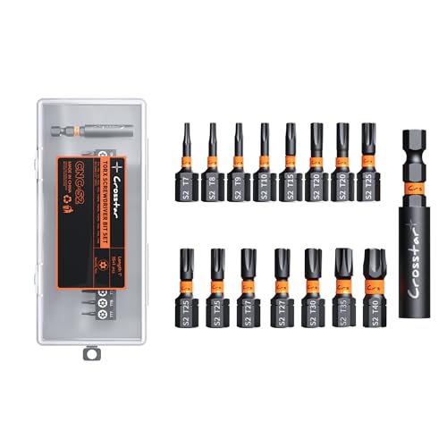 Crosstar 16 Pcs 1" Impact Torx Bit Set, S2 Steel Magnetic Security Star Bits, Tamper Proof Torx Screwdriver Bits with CNC Tips for Drill/Driver, Automotive, Woodworking & Home Repair - size: T7-T40 (1IN)
