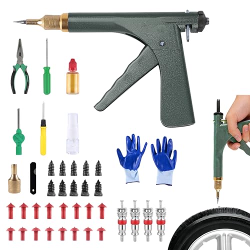 Tire Repair Kits Tubeless Tire Puncture Repair Kit with Mushroom Plug, Repairs punctures and Flat Tires for Motorcycles, Cars, Trucks, ATVs,Gun Puncture Repair Kit(Air pump not included Green) - color: Green+42