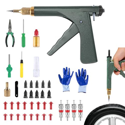 Tire Repair Kits Tubeless Tire Puncture Repair Kit with Mushroom Plug, Repairs punctures and Flat Tires for Motorcycles, Cars, Trucks, ATVs,Gun Puncture Repair Kit(Air pump not included Green) - color: Green+42