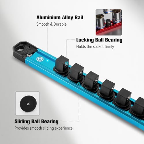 DURATECH Magnetic Socket Organizer Set, 1/4”, 3/8”, 1/2” Aluminum Alloy Socket Rail with 64 Clips, Socket Holder for Tool Box Drawer, Tool Cart and Garage Organization(6PCS) - size: 6PCS