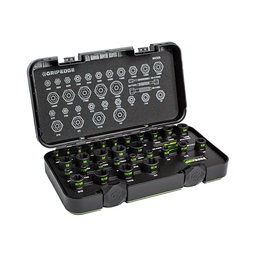 GripEdge | 32-PC 1/4" & 3/8" Drive Metric & SAE Master Socket Extractor Set| Includes sizes - 4-19mm & 3/16-3/4" | Includes Premium Plastic Case With Foam Insert |