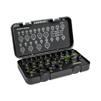GripEdge | 32-PC 1/4" & 3/8" Drive Metric & SAE Master Socket Extractor Set| Includes sizes - 4-19mm & 3/16-3/4" | Includes Premium Plastic Case With Foam Insert |