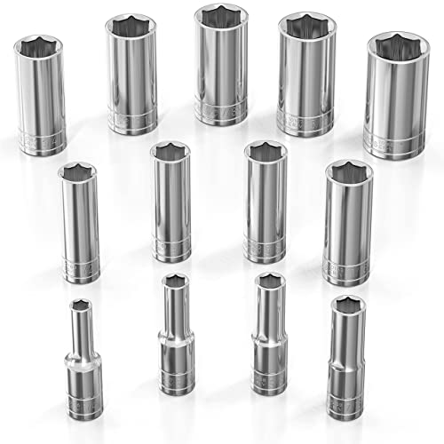Olsa Tools SAE Deep Socket Set - 3/8-Inch Drive, 13pc - 6-Point Chrome Sockets from 1/4" to 1" and No Skipped Sizes - Mechanic Deep SAE Socket Set - Professional Grade Long Sockets - Part: 1332 - color: Sae Deep, size: 13pc, 3/8-Inch Drive