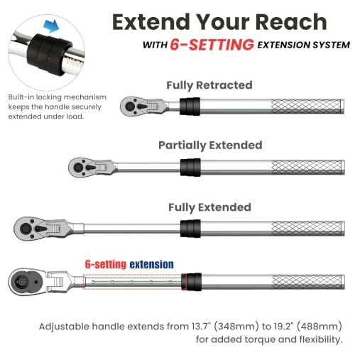 1/2" Drive Ratchet – 13.7–19.2" 6-Stage Extendable Handle, 90T Flex Head, Quick Release, Chrome Vanadium - size: 1/2" Drive Ratchet