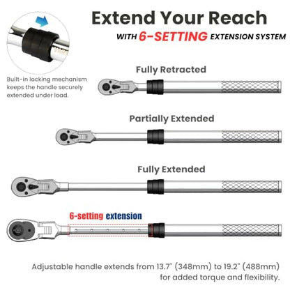 1/2" Drive Ratchet – 13.7–19.2" 6-Stage Extendable Handle, 90T Flex Head, Quick Release, Chrome Vanadium - size: 1/2" Drive Ratchet