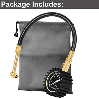 Motorcycle Tire Pressure Gauge 60 PSI, PUIBERS 2’’ dial Mechanical Tire Gauges with 90 Degree Right Angle Chuck Flexible Hose, Tires Guages for Pressure Glow in The Dark for Cars, Motos, Bicycles - size: 60PSI Motorcycle
