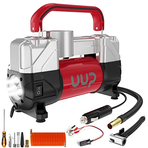 UUP Tire Inflator Air Compressor, 150PSI 12V DC Double Cylinders Heavy Duty Portable Air Pump w/Emergency LED Light for Truck, SUV, Car, RV (red) - color: Red