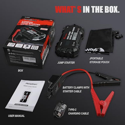 2000A Car Battery Jump Starter – Portable Jump Box for 8.0L Gas & 6.5L Diesel Engines, 12V Lithium Power Bank with USB Ports, Jumper Cables, 3-Mode LED Light – Roadside Emergency Kit