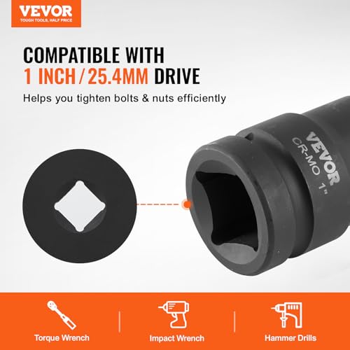 VEVOR Axle Nut Impact Socket Set - 1" Drive 6-Point 9-Piece SAE Spindle Nut Socket CR-MO Heat Treated Large Socket Set with Storage Case for Auto Repair, Removing or Installing Axle Nuts - style: 1" 9PCS CR-MO