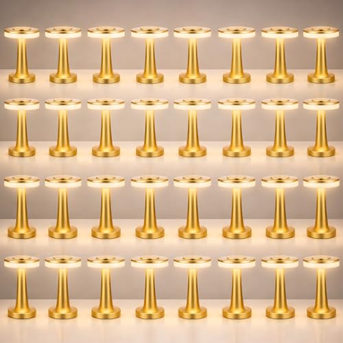 Riakrum 36 Pcs Gold LED Portable Cordless Table Lamp Bulk with Touch Sensor 3 Color Stepless Dimming Rechargeable Battery up to 15 Hours Cordless Table Light Wireless Lamp Wedding Home (Modern) - color: Gold