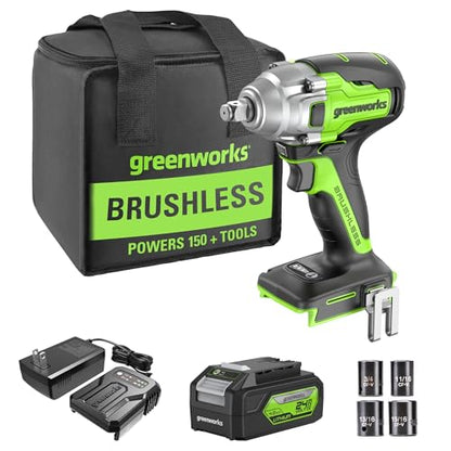 Greenworks 24V Brushless 1/2" Cordless Impact Wrench (3 Speed / 300 ft.-lbs. / LED Light), 4.0Ah Battery and Compact Charger Included - size: 300 ft.-lbs., style: w/4Ah Battery
