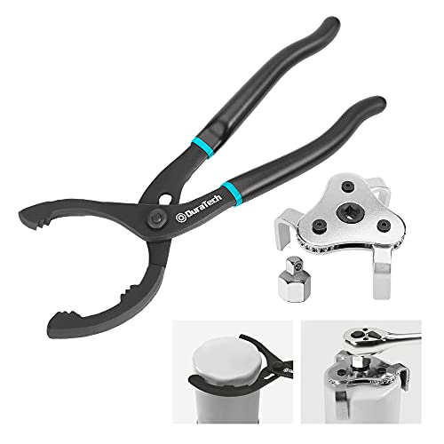 DURATECH 12 Inch Oil Filter Pliers & 3 Jaw Adjustable Oil Filter Wrench | 2-Piece Automotive Oil Filter Removal Tool Set for Oil Change, Adaptive for Cars, Motorcycles and Trucks