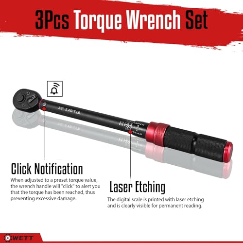 WETT 3Pcs Torque Wrench Set, 1/4'' & 3/8'' & 1/2'' Drive Click Torque Wrench, Dual-Direction Adjustable Reversible 72-Tooth Ratchet Handle, 20-240IN.LB, 5-45FT.LB, 20-160FT.LB - size: 1/4 & 3/8 & 1/2-inch Drive
