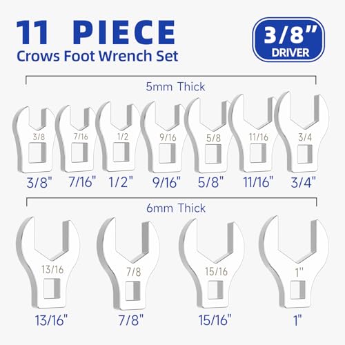 3/8" Drive SAE Crowfoot Wrench Set (3/8"-1")-11 Piece | CR-V Steel | Open End | 5mm Ultra-Thin | Clip-on Organizer | Access for Tight Spaces Bike Automotive Appliance Repair - style: Regular - SAE