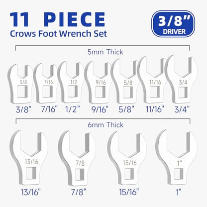 3/8" Drive SAE Crowfoot Wrench Set (3/8"-1")-11 Piece | CR-V Steel | Open End | 5mm Ultra-Thin | Clip-on Organizer | Access for Tight Spaces Bike Automotive Appliance Repair - style: Regular - SAE
