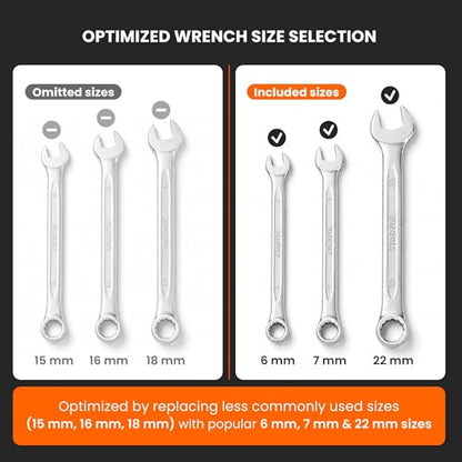 12-Piece Metric Combination Wrench Set with Storage Rack, 6–22 mm Wrenches Set, Chrome Vanadium Steel with Satin Finish Combination Wrenches, 12 Point Open End Wrench Set for Automotive, DIY