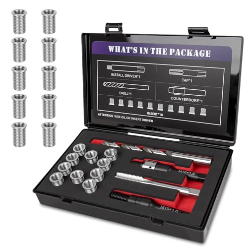 M10x1.5x20MM Thread Repair Kit with Insert HSS Drill, Tap, Counterbore, Installation Driver, Metric, 10PCS Stainless Steel Insert M10x1.5x20MM