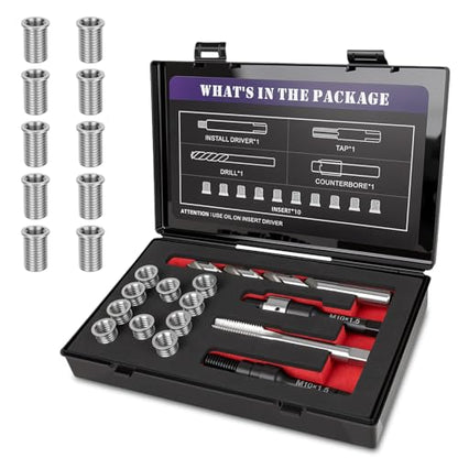 M10x1.5x20MM Thread Repair Kit with Insert HSS Drill, Tap, Counterbore, Installation Driver, Metric, 10PCS Stainless Steel Insert M10x1.5x20MM