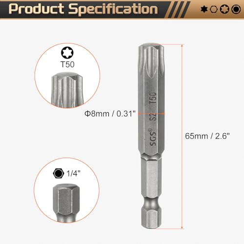 HARFINGTON 3pcs T50 Torx Head Screwdriver Bit 1/4" Hex Shank 2.6" (65mm) Long Magnetic No Hole Tip Tamper Proof 6 Point Star Screw Driver Drill Bits S2 Steel Industrial Power Screwdrivers - size: T50 x 2.6"(65mm)
