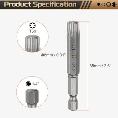 HARFINGTON 3pcs T50 Torx Head Screwdriver Bit 1/4" Hex Shank 2.6" (65mm) Long Magnetic No Hole Tip Tamper Proof 6 Point Star Screw Driver Drill Bits S2 Steel Industrial Power Screwdrivers - size: T50 x 2.6"(65mm)
