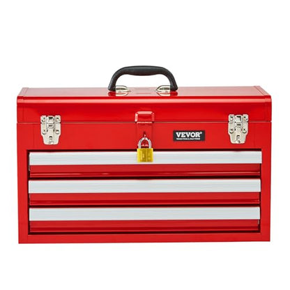 VEVOR Metal Tool Box, 20.5-inch, Portable Metal Tool Box with 3 Drawers, Small Tool Chest with EVA Liners, Ball Bearing Slide Drawers Locking & Powder Coated Finish, Multi-Function Tool Organizer, Red - size: 3 Drawers-Red