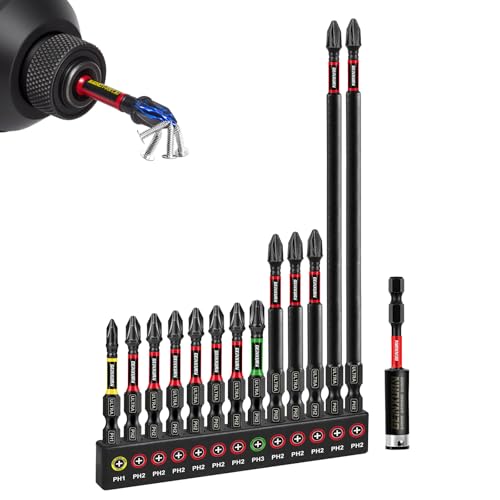 Geinxurn 13pcs Impact #1#2#3 Phillips Screwdriver Bits Set, 2” 3” 6” (PH1/PH2/PH3) Magnetic S2 Steel Cross Driver Bits Set and 1pc 3” Impact Bit Holder with Color Coded Base - size: 14pcs-Mix-PH