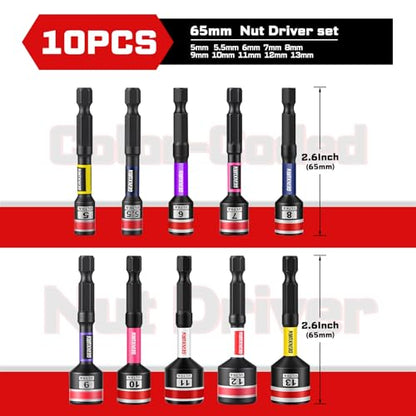 Geinxurn Impact Nut Driver Set, 10 Pieces 2.56 Inch Long Magnetic Metric Nut Setter Set 6 Point Alloy Steel Use 1/4” Hex Shank Impact Driver Stored in Portable Storage Cases for Repair - size: 2.56", style: 2.56"-M