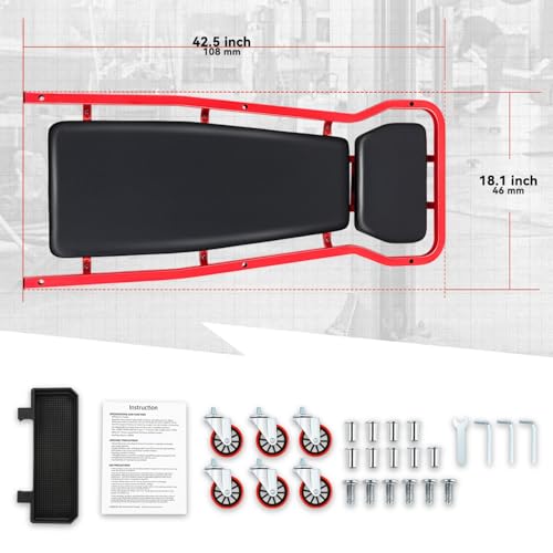 Auto Dynasty Universal 42" L X 18" W Red for Under Car Repair Vehicle SUV Truck Pickup Adjustable Creeper with Padded Headrest + Casters - color: Red