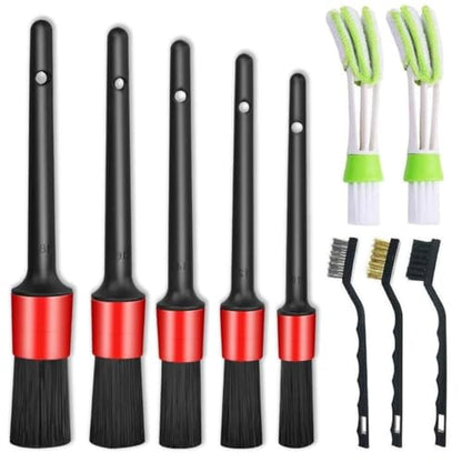 Nurkul 11Pcs Auto Detailing Set, Boar Hair Brushes, Steel Wire & A/C Brushes, Red, Soft Bristles, Wood Handles for Cleaning Interior, Exterior, Leather, 6 Sizes