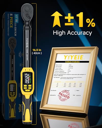 YIYEIE Digital Torque Wrench 1/2" Drive, 8.5-160 Ft-lb/10-220 N.m, ±1% Accuracy, Electronic Torque Tool with Buzzer and LED Alert, 1/2 Torque Wrench Set 8Pcs with Sockets for Motorcycle, Car Repair - size: 8PCS, style: 1/2-Inch (8.5-160 ft.lb)