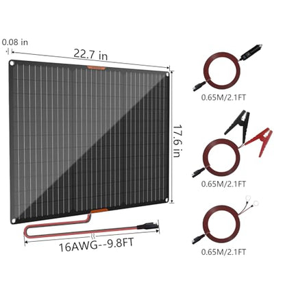 50Watt 12V Solar Car Battery Trickle Charger & Maintainer | Portable Waterproof Solar Panel Kit Fits 12V Batteries for Boats, Marine, RVs, Automotive, Trailer with Alligator Clip - size: 50W Solar Panel