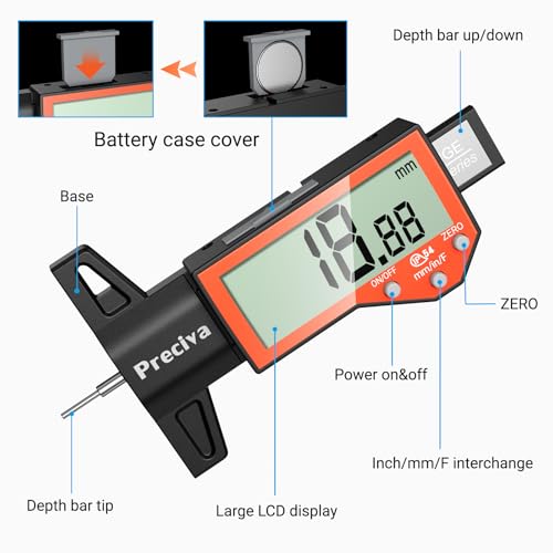 Preciva Tire Tread Depth Gauge, Digital Tire Depth Gauge with Large LCD Display and Inches, Millimeters, Fraction Conversion, Tread Depth Gauge Suitable for Thread Depth, Brake Shoe and Pad Wear - color: Orange