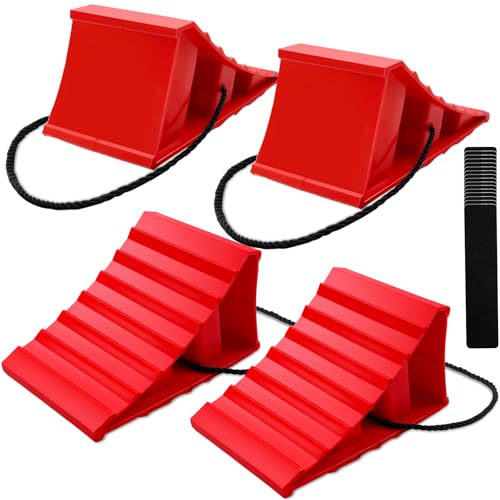 4 Pack Wheel Chocks, Heavy Duty Non Slip Wheel Chocks with Rope, Plastic Hard Wheel Stoppers Block for Camper Cars, RV Trailer, Trucks, Red - color: Red