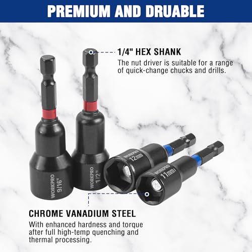 WORKPRO 27 PCS Magnetic Nut Driver Set, Impact Drill Driver Bit 1/4" Hex Shank, SAE & Metric Cr-V Steel Power Nut Drivers with Quick-release Extensions, Impact Socket Adapters, Bit Holder and Toolbox - size: 27PCS Magnetic Nut Driver Set