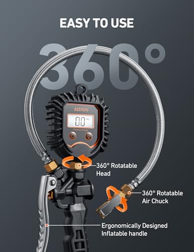 AstroAI Digital Tire Pressure Gauge, Heavy Duty Tire Inflator Gauge 250PSI Air Chuck Compressor Accessories with Stainless Braided Hose, Rotatable Dial&Quick Connect Coupler for Truck/RV/SUV - style: Standard