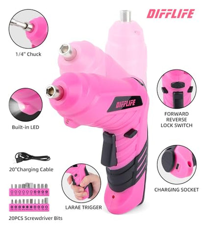 Pink Tool Set for Women, 126-Piece Lady's Power Screwdriver Cordless Rechargeable Set Home Repairing Tool Set with 13-Inch Wide Mouth Open Storage 126PCS 3.6V Electric Screwdriver Tool Bag - style: 126 Piece Pink