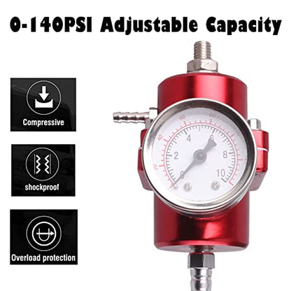 BARTOO Universal Adjustable Fuel Pressure Regulator Kit, Aluminum Fuel Regulator,Adjustable Gas Oil Injection Pressure Regulator with 0-140 PSI Gauge -Red - color: Red
