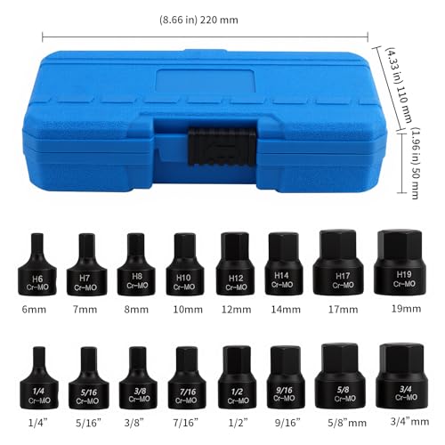 KEILEOHO 16PCS 3/8 Inch Drive Low Profile Impact Hex Driver Set, SAE/Metric Stubby Bit Socket Set (1/4" - 3/4", 6-19mm), Cr-Mo Steel, For Impact Wrench, Automotive, Mechanical Repair
