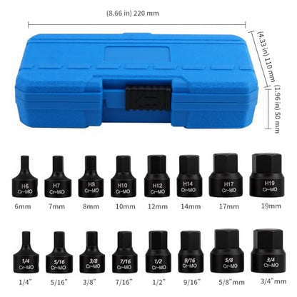 KEILEOHO 16PCS 3/8 Inch Drive Low Profile Impact Hex Driver Set, SAE/Metric Stubby Bit Socket Set (1/4" - 3/4", 6-19mm), Cr-Mo Steel, For Impact Wrench, Automotive, Mechanical Repair