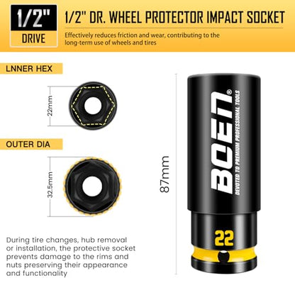 BOEN 22mm 1/2" Drive Wheel Protector Impact Socket, Non-Marring Thin Wall Wheel Protector Nut Socket, Color-Coded, Embossed and Painted Marking, CR-MO Steel - style: 22MM