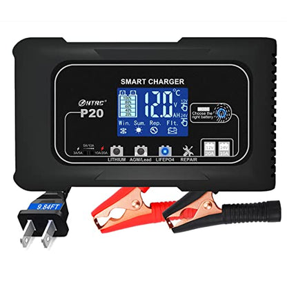 20Amp 12/24V Smart Car Battery Charger Fully Automatic Maintainer, Trickle Charger/Desulfator with Overcharge Protection & Temperature Compensation for LiFePO4 Lead Acid Lithium Batteries