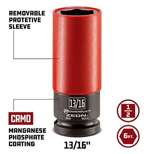 Powerbuilt 13/16 in. Zeon Lug Nut Socket – SAE, 1/2" Drive, Impact-Rated Chromoly Steel with Protective Wheel Saver Sleeve for Damaged or Rounded Lug Nuts - 941431M - size: 20.6 mm