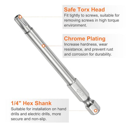 HARFINGTON 2pcs T27 Security Torx Bit 1/4" Hex Shank 3" Long S2 Steel Magnetic Tamper Resistant Star Bits Screwdriver Torx Head with Hole for Driver Drill Bits Remove Fastening Screws - size: T27